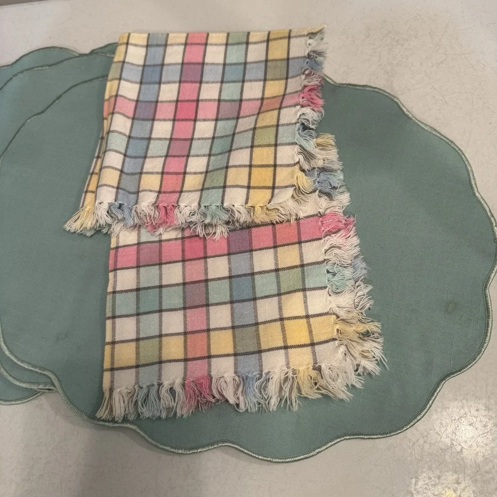 Vintage Placemats Scalloped Teal Blue Green Cottage Granny Set‎ of 6 & 2 Napkins